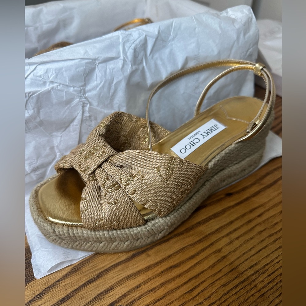 Jimmy Choo Gold Raffia Wedge Sandals - Picture 11 of 12